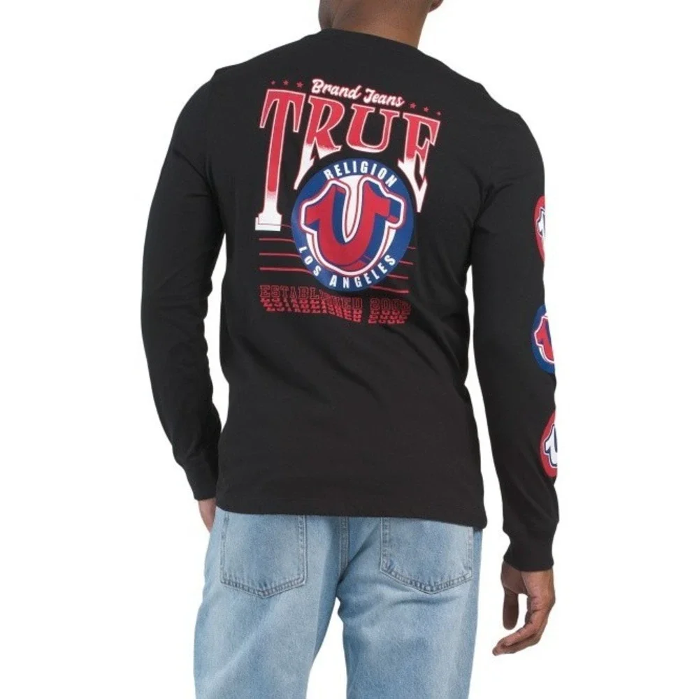 True Religion Men's Pop Horse Shoe Logo Long Sleeve Tee‎ Size L Black Crew Neck